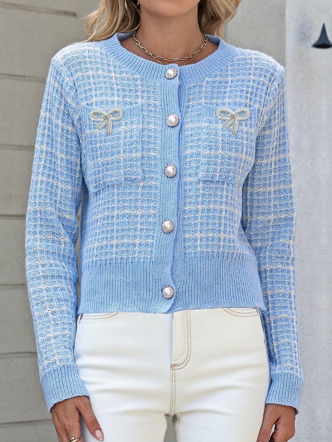 Women Checked Cardigan with Embroidered Detail