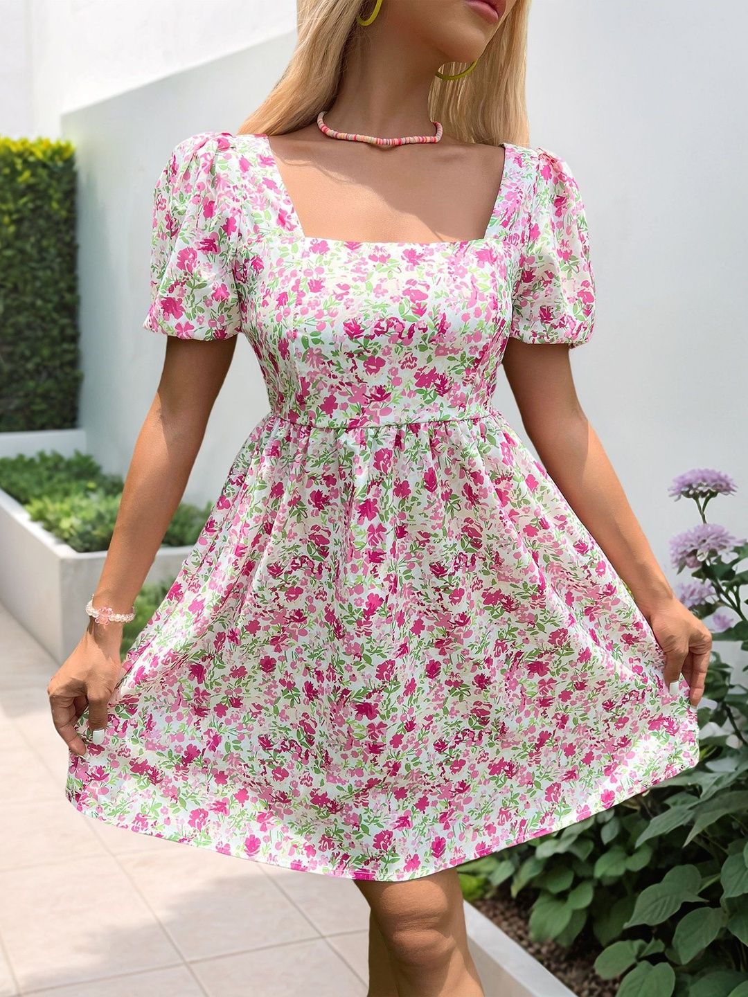 Floral Print Puff Sleeve Fit & Flare Dress