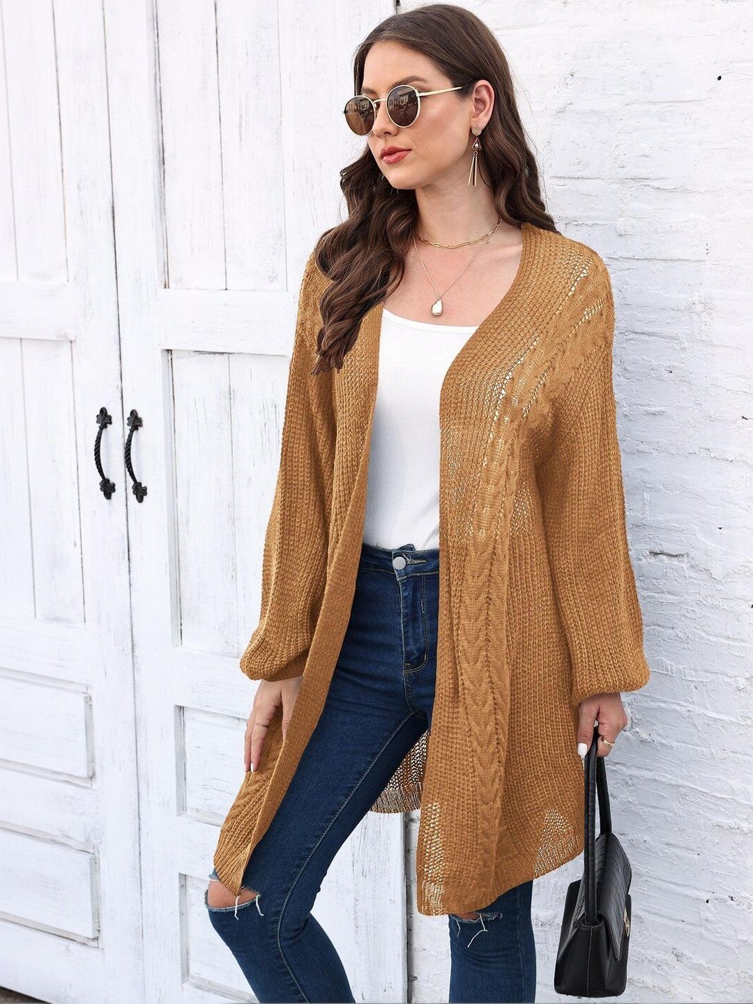 Longline Shrug in Brown acrylic - Nowi Korean Fashion