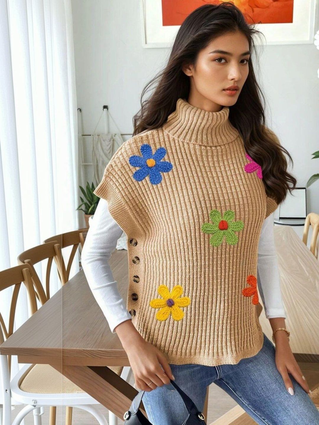 Colourblocked Ribbed Sweater Vest with Embroidered Detail in Brown acrylic - Nowi Korean Fashion
