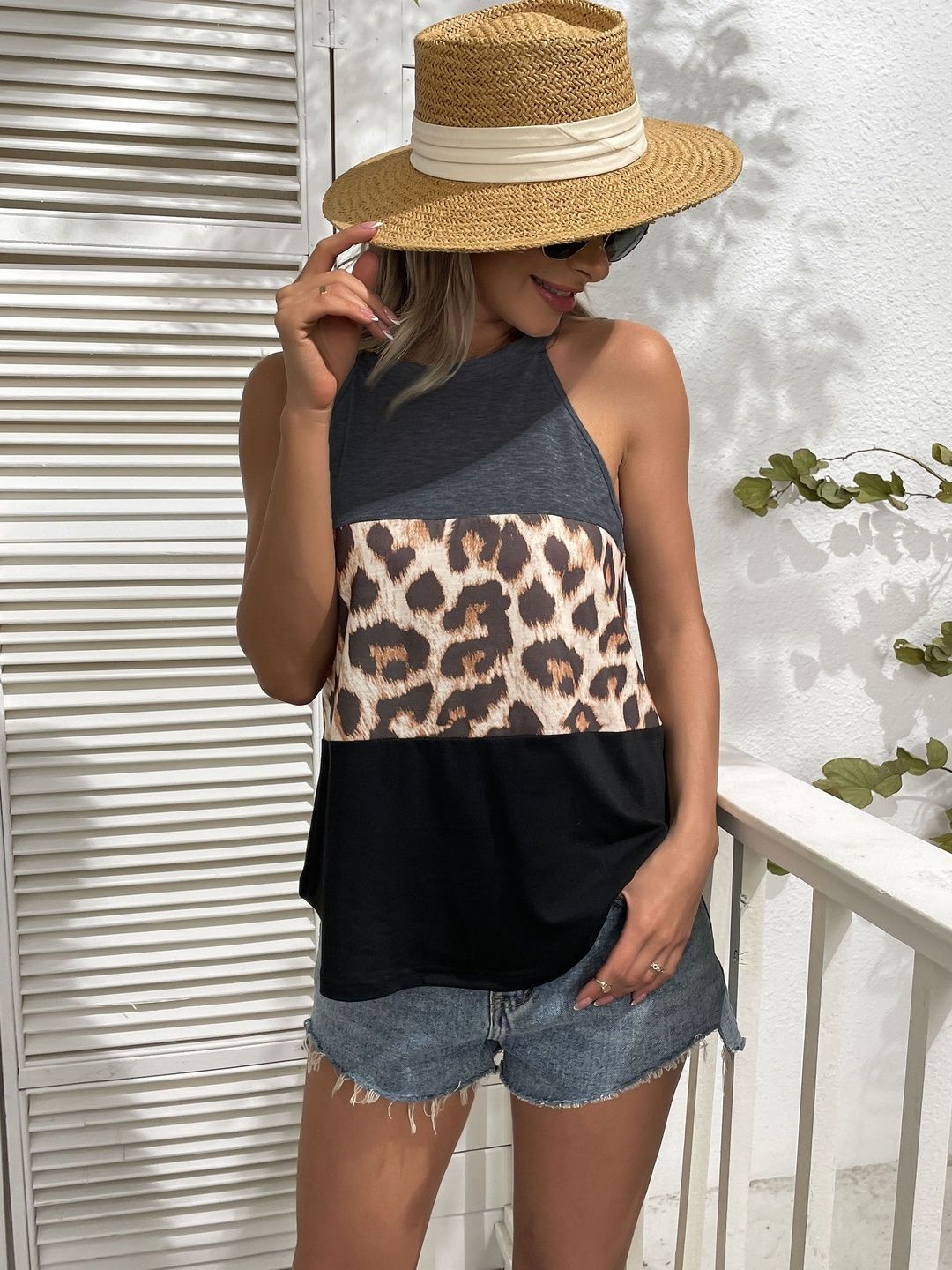 Animal Colourblocked Halter Neck Cotton Top