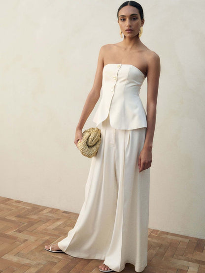 Pleated Trousers in White polyester Style 614 - Nowi Korean Fashion