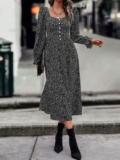 Women's Black Polka Dot Print A-Line Midi Dress
