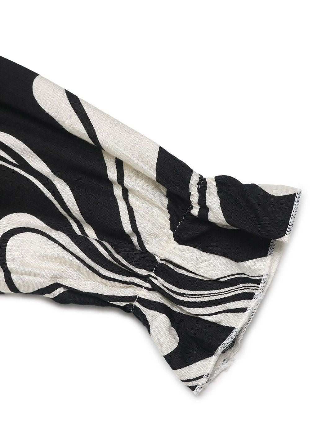 Women's Black Print Flared Sleeve Ruffled Linen Mini Dress
