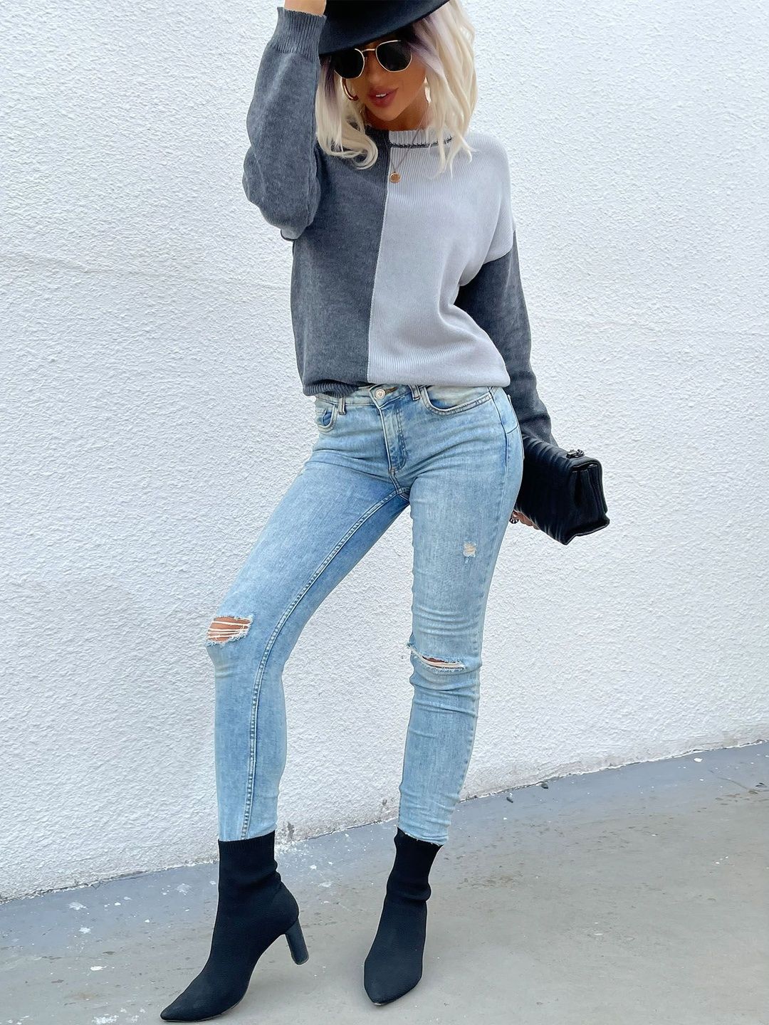 Women's Grey Colourblocked Pullover Blend Printed