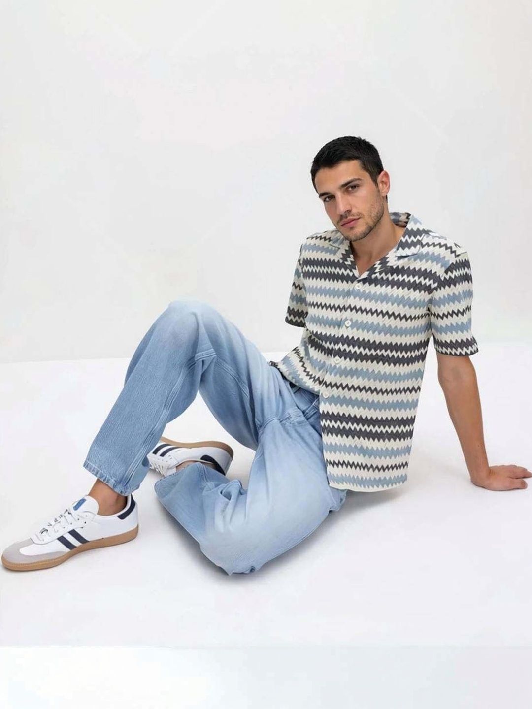 Chevron Textured Relaxed Fit Cotton Casual Shirt