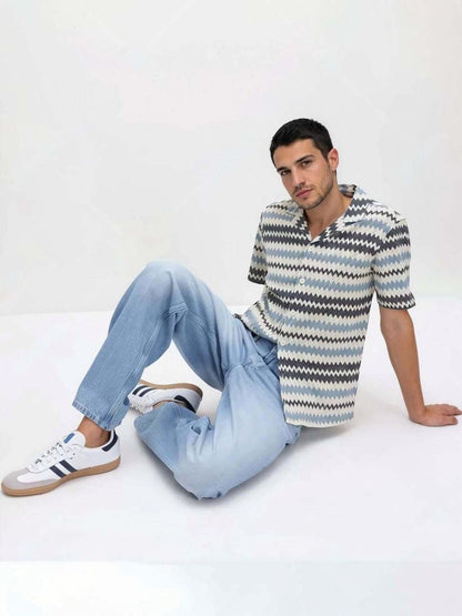 Chevron Textured Relaxed Fit Cotton Casual Shirt