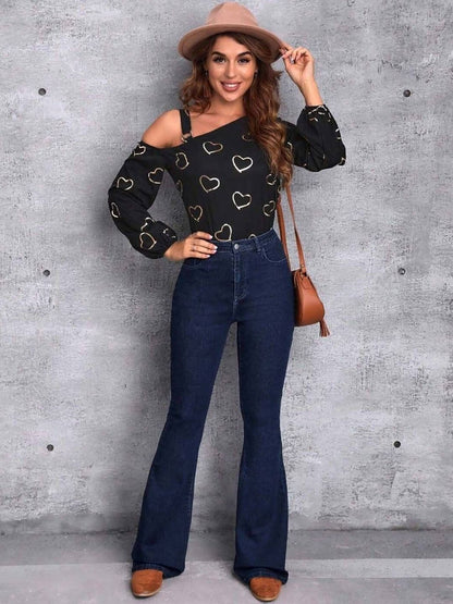 Flared High-Rise Stretchable Jeans in Blue cotton - Nowi Korean Fashion