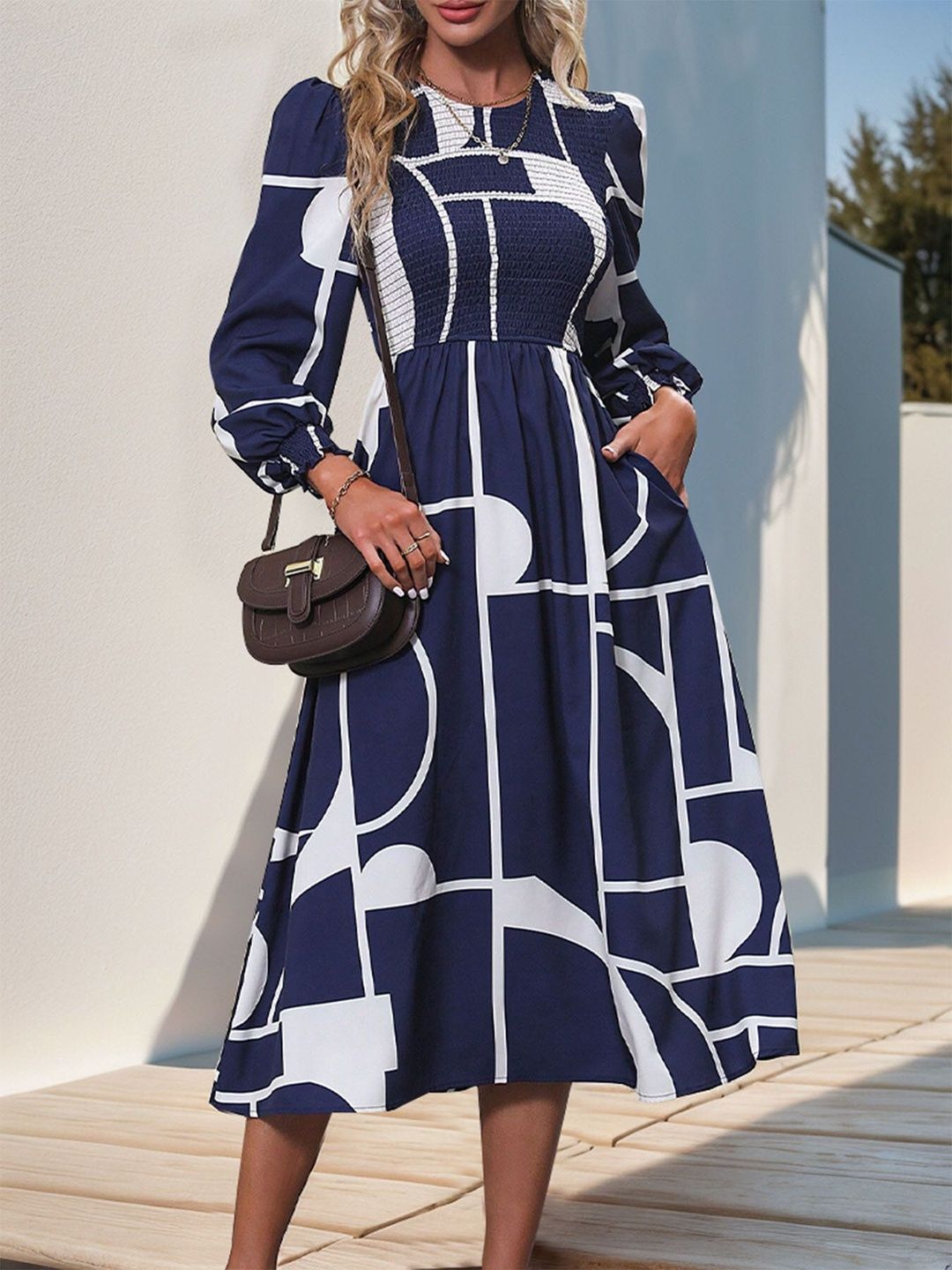 NOWI Print Puff Sleeve Fit & Flare Midi Dress - Nowi Korean Fashion