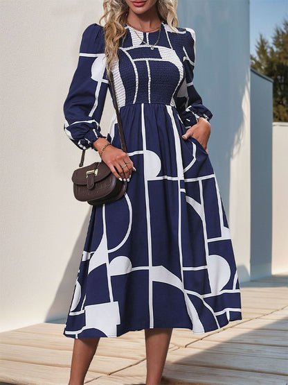 NOWI Print Puff Sleeve Fit & Flare Midi Dress - Nowi Korean Fashion
