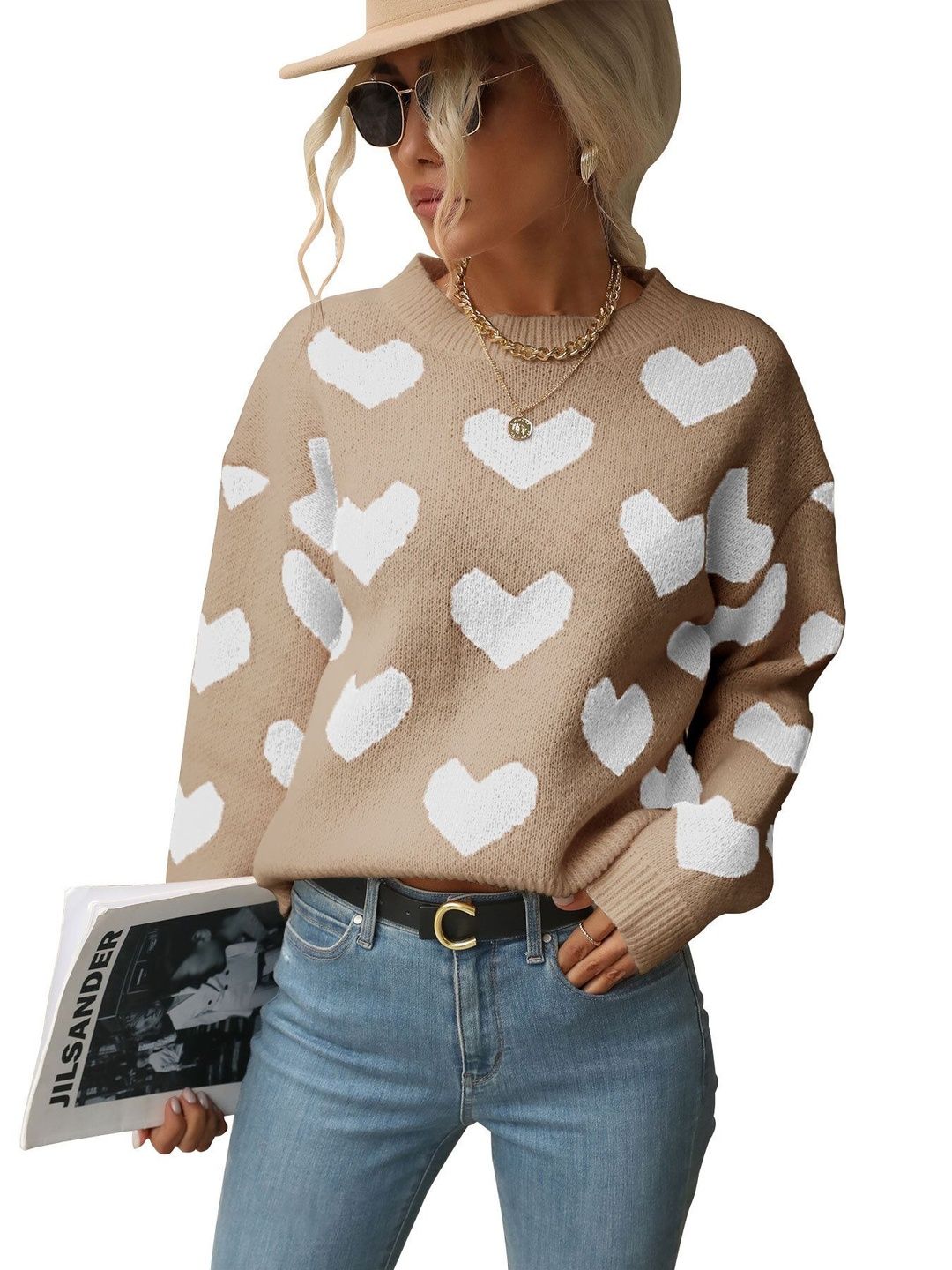 Printed Pullover with Fuzzy Detail in Beige - Nowi Korean Fashion