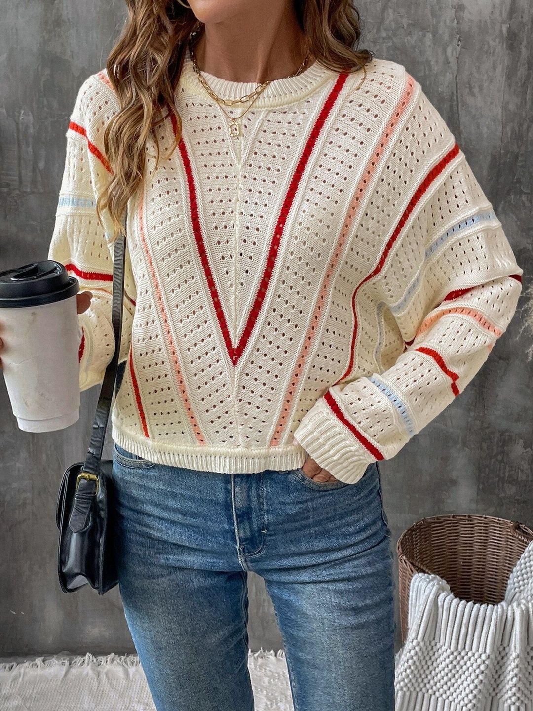 Women's Beige Nowi Women Striped Pullover Blend Regular Fit