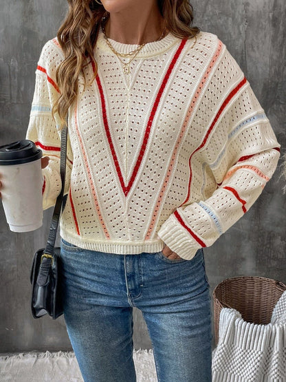 Women's Beige Nowi Women Striped Pullover Blend Regular Fit