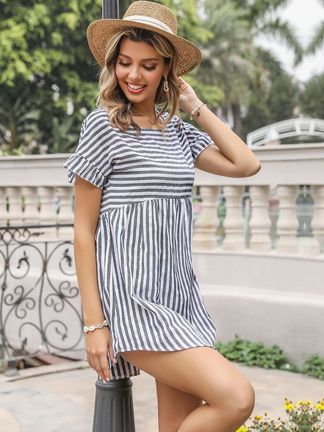 Striped Flutter Sleeve A-Line Mini Dress in White cotton - Nowi Korean Fashion
