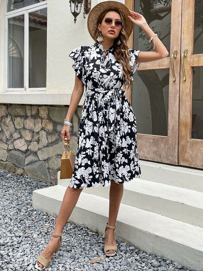 Floral Print Flutter Sleeve Fit & Flare Dress in Black cotton - Nowi Korean Fashion