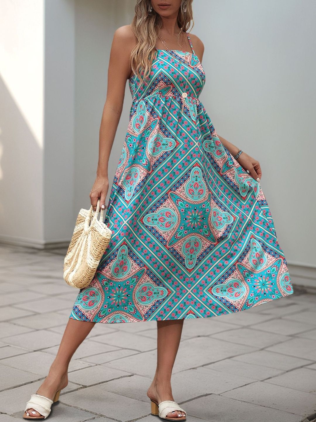 Bohemian Geometric Print Midi Dress with Belt