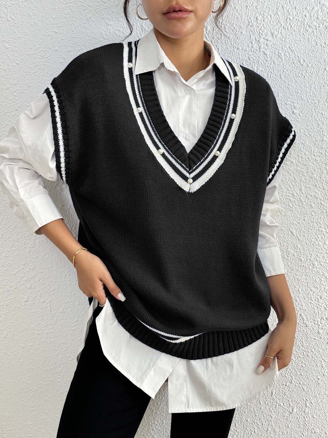 Women Striped Sweater Vest with Embellished Detail