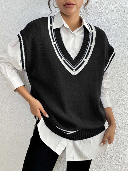 Women Striped Sweater Vest with Embellished Detail