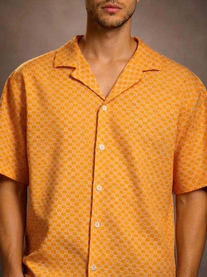 Geometric Printed Cuban Collar Cotton Casual Shirt