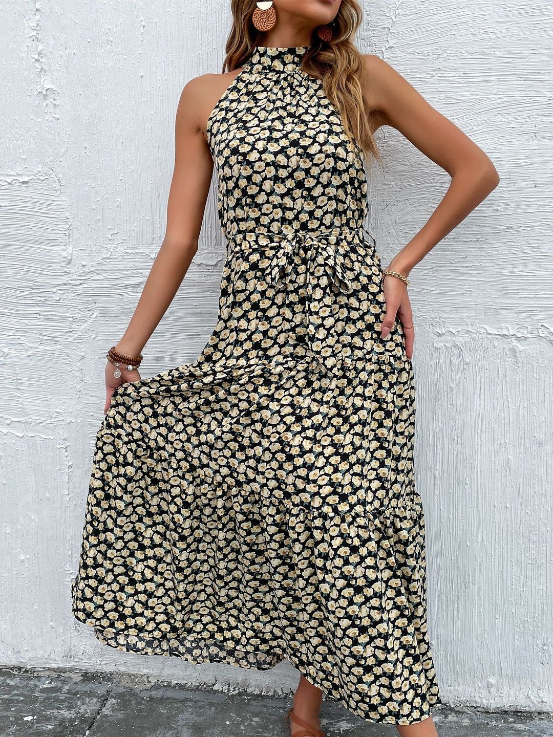 Floral Print Halter Neck A-Line Midi Dress in Black cotton - Nowi Korean Fashion