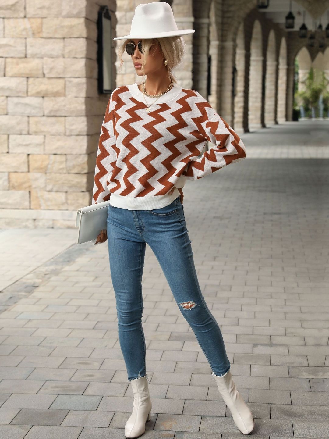 Women's White Printed Cotton Pullover Sweaters