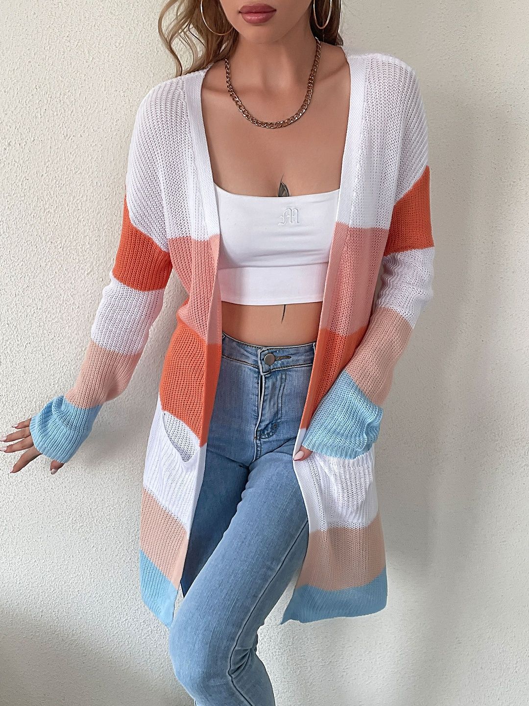 Women's Pink Striped Cardigan