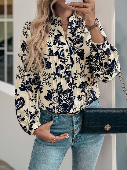 Floral Printed Casual Shirt in Blue polyester - Nowi Korean Fashion