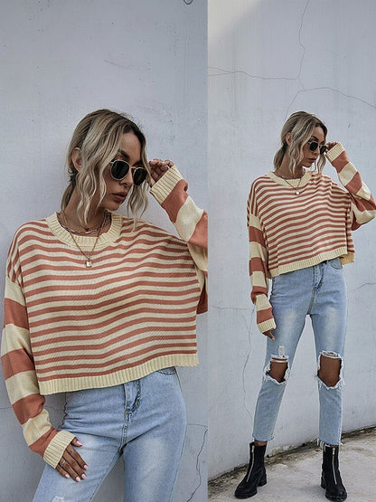 Women's Beige Nowi Women Striped Crop Pullover