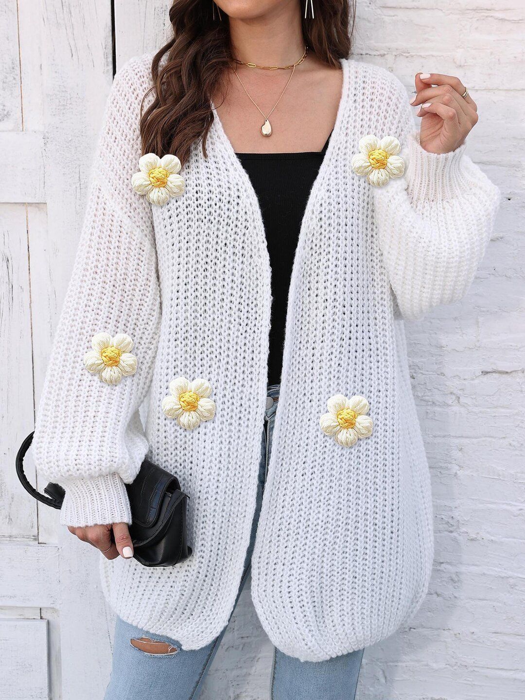 Women Floral Longline Cardigan with Applique Detail
