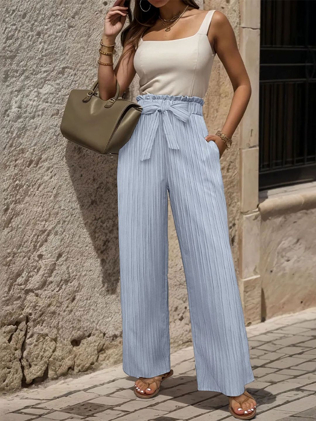 Textured High-Rise Non Iron Trousers in Blue polyester - Nowi Korean Fashion