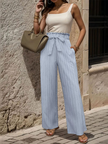 Textured High-Rise Non Iron Trousers in Blue polyester - Nowi Korean Fashion