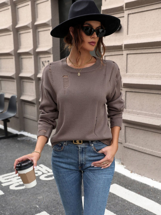 Pullover with Fuzzy Detail in Brown - Nowi Korean Fashion