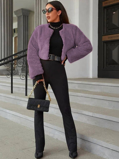 Woollen Open Front Jacket in Purple - Nowi Korean Fashion