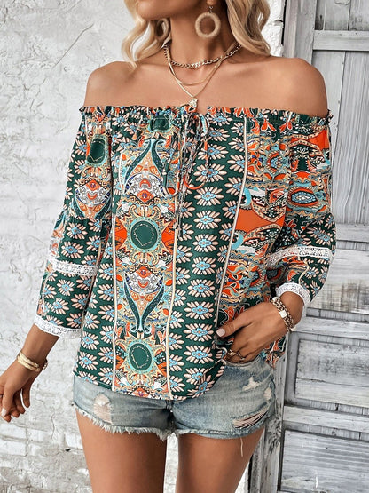 Print Off-Shoulder Bell Sleeve Bohemian Cotton Top