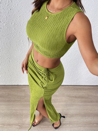 Ribbed Round Neck Top With Skirt Co-Ords