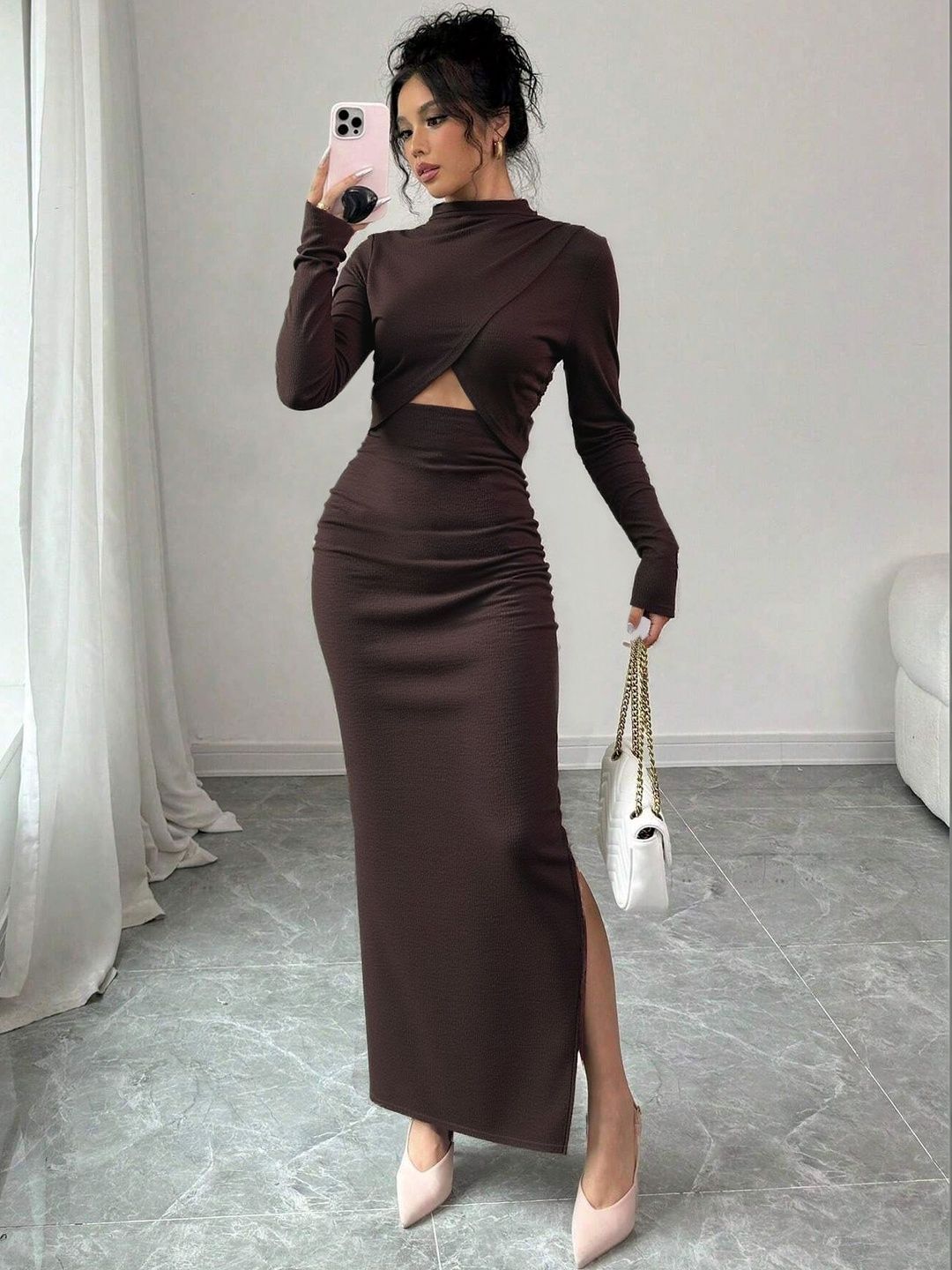 Women's Brown Bodycon Maxi Dress Blend Printed