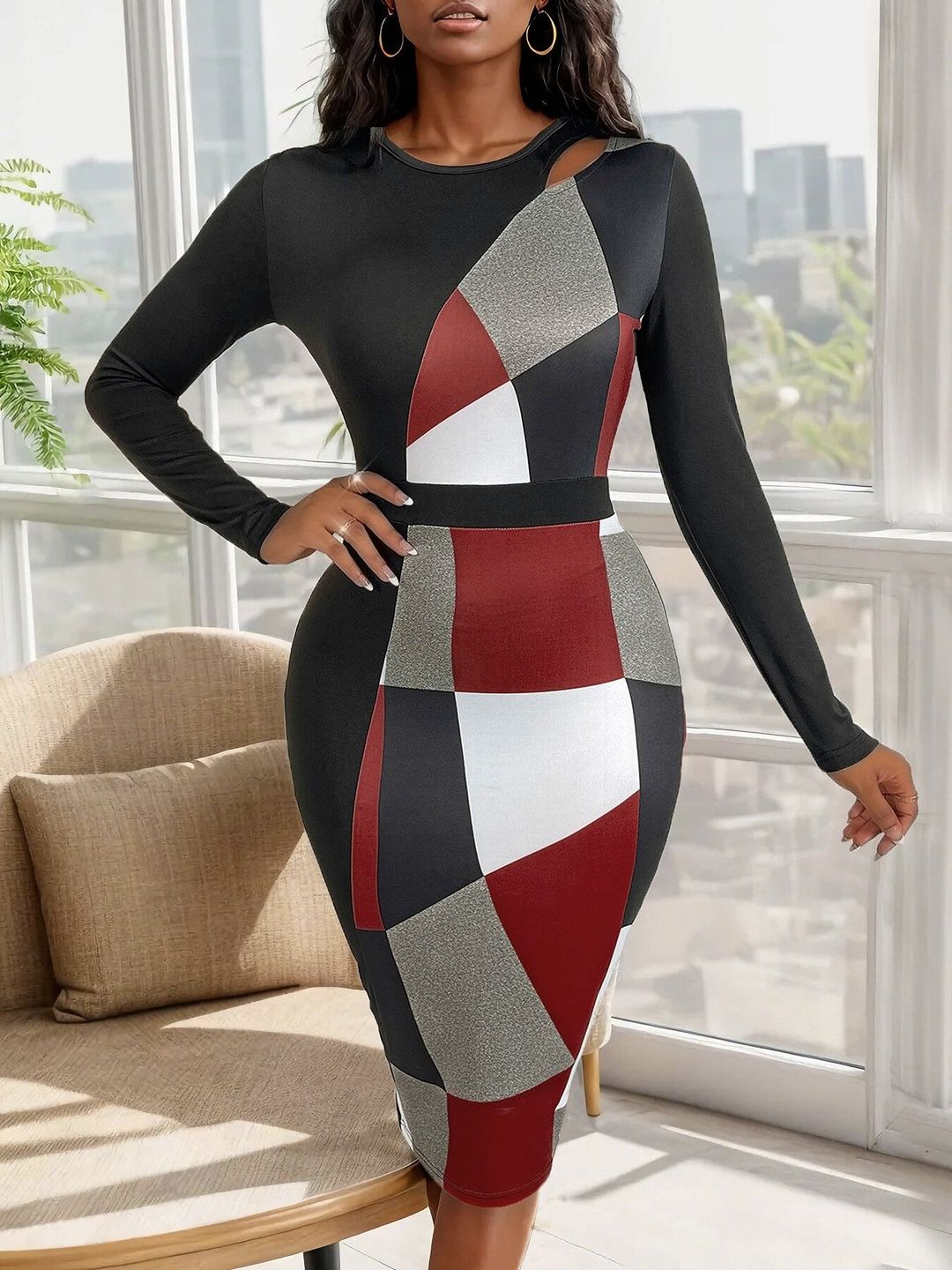 Women's Black Colourblocked Bodycon Midi Dress