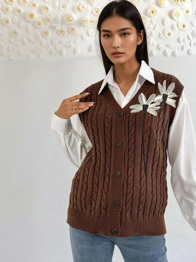 Cable Knit Sweater Vest with Embellished Detail in Brown acrylic - Nowi Korean Fashion