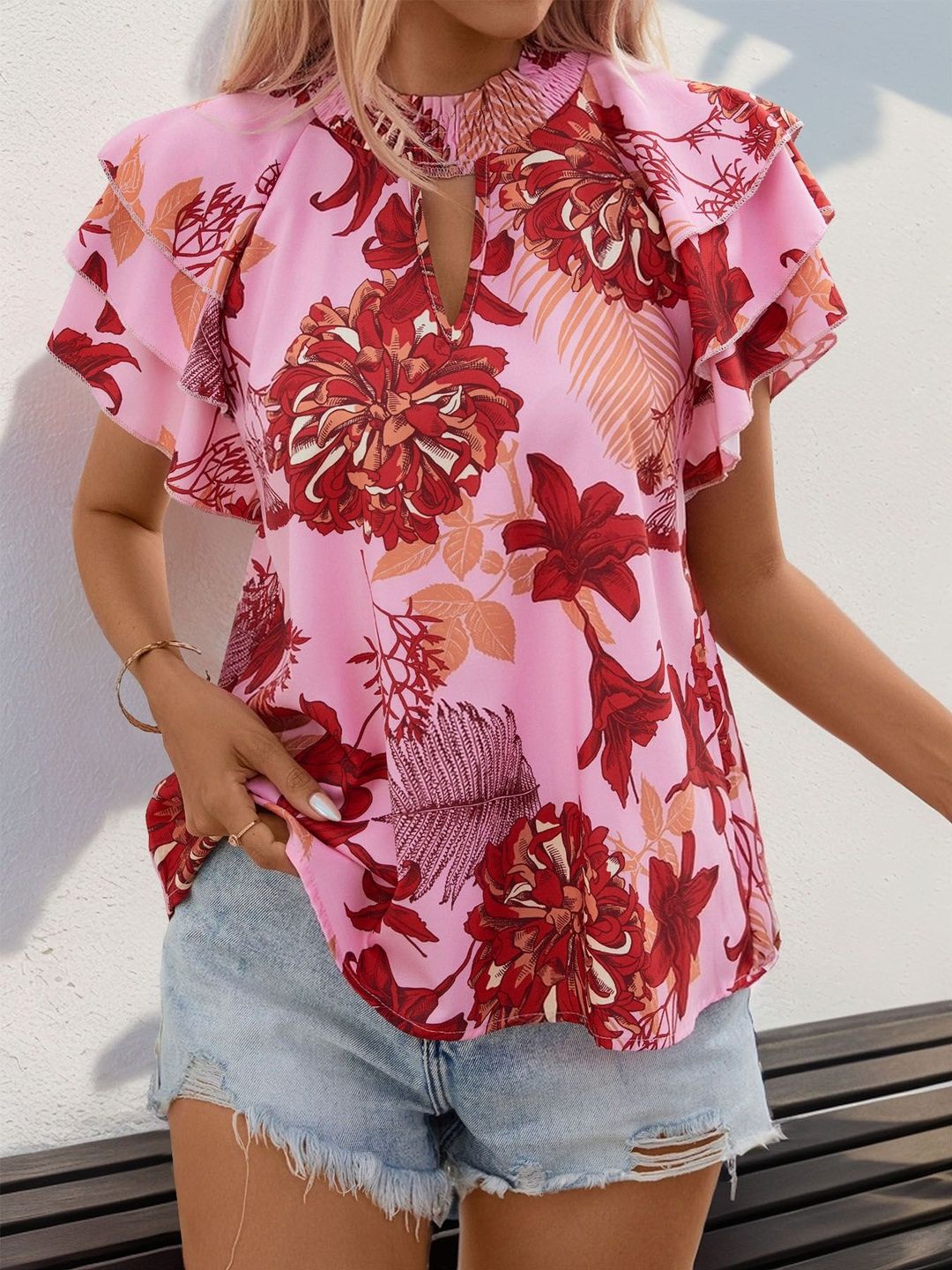 Floral Print Flutter Sleeve Ruffles Top