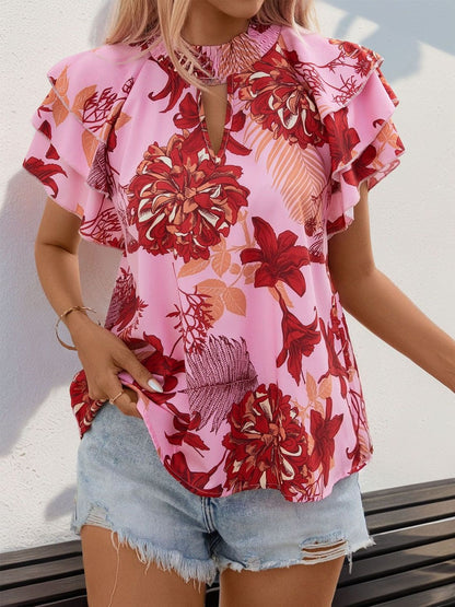 Floral Print Flutter Sleeve Ruffles Top