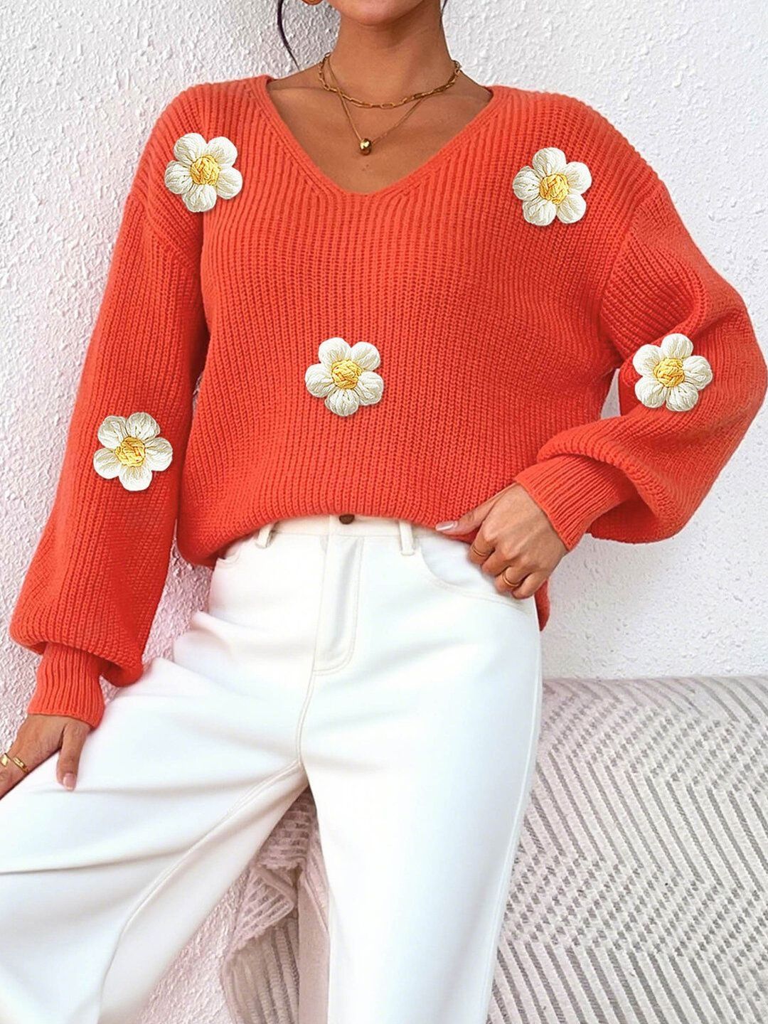 Women Ribbed Pullover with Embroidered Detail