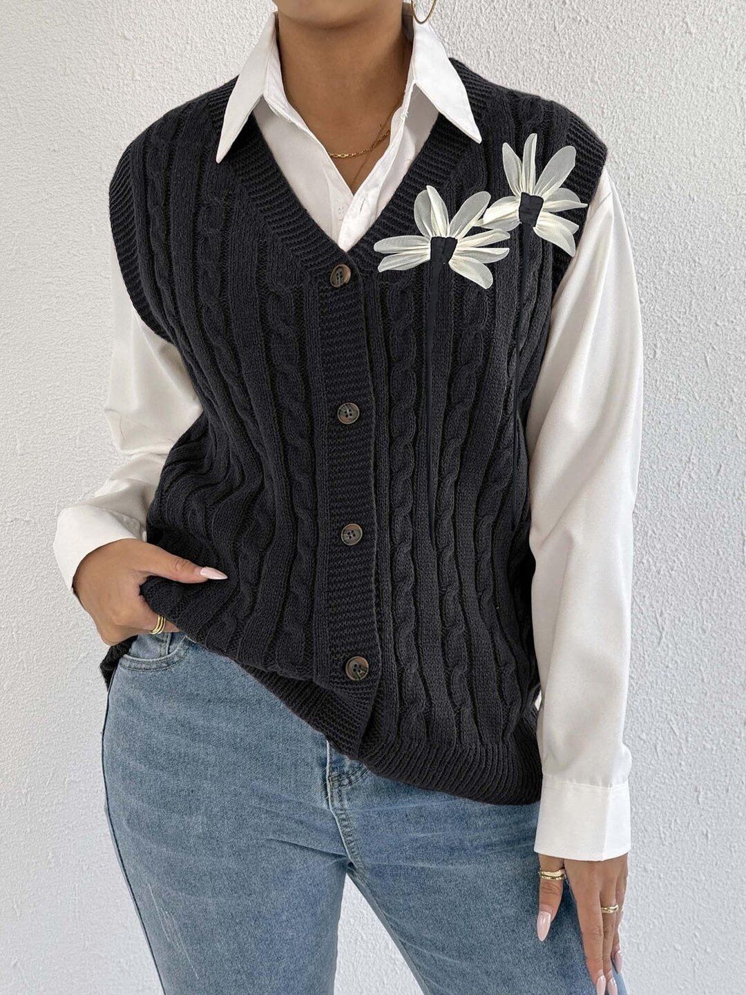Women Cable Knit Ribbed Sweater Vest with Embellished Detail