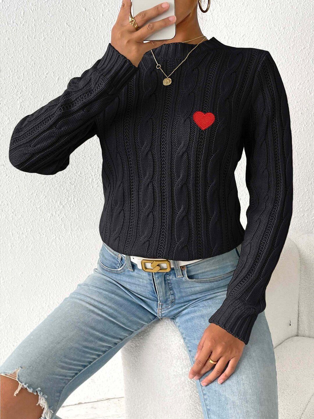 Women Cable Knit Pullover with Embroidered Detail