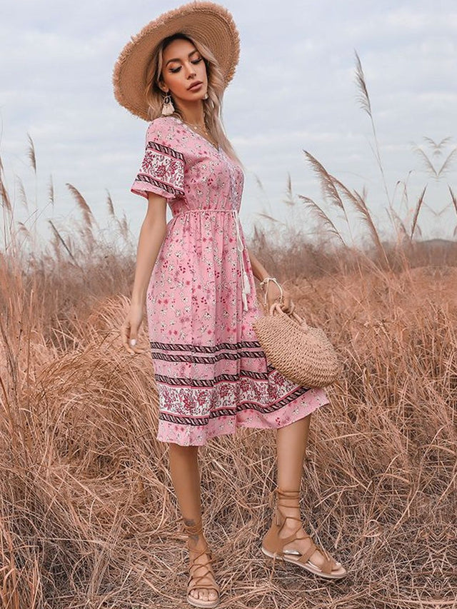 Floral Print Fit & Flare Midi Dress in Pink cotton Short Sleeve - Nowi Korean Fashion