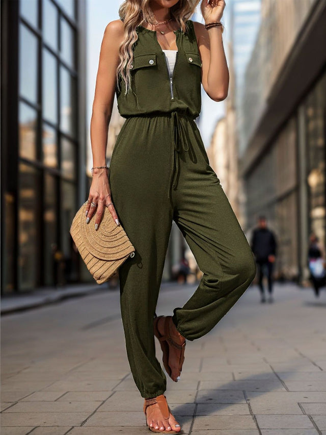 Basic Jumpsuit in Green cotton Sleeveless - Nowi Korean Fashion