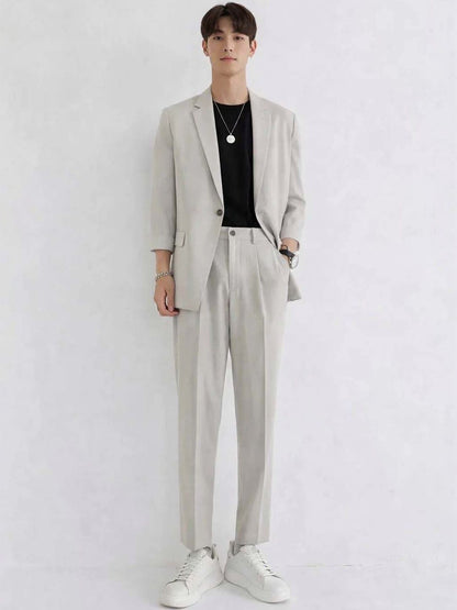 Solid Blazer with Trousers in Grey Style 785 - Nowi Korean Fashion