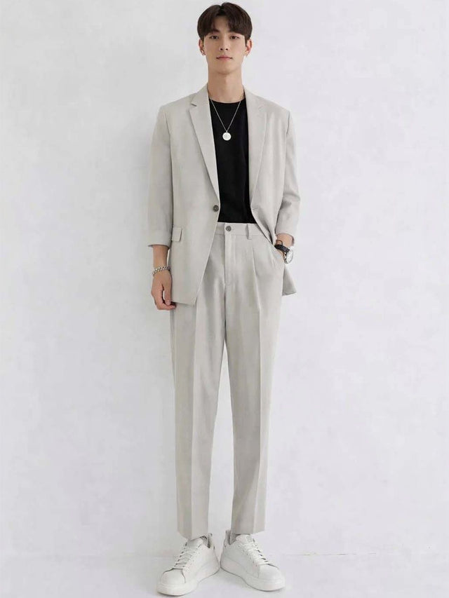 Solid Blazer with Trousers in Grey Style 785 - Nowi Korean Fashion