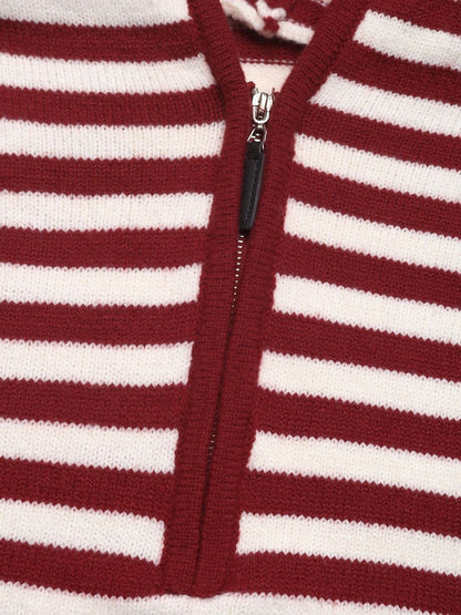 Women's Maroon Striped Pullover Blend Regular Fit