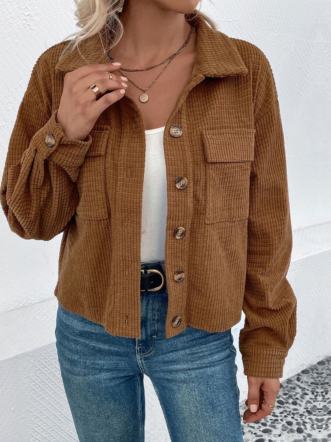 Corduroy Open Front Jacket - Nowi Korean Fashion