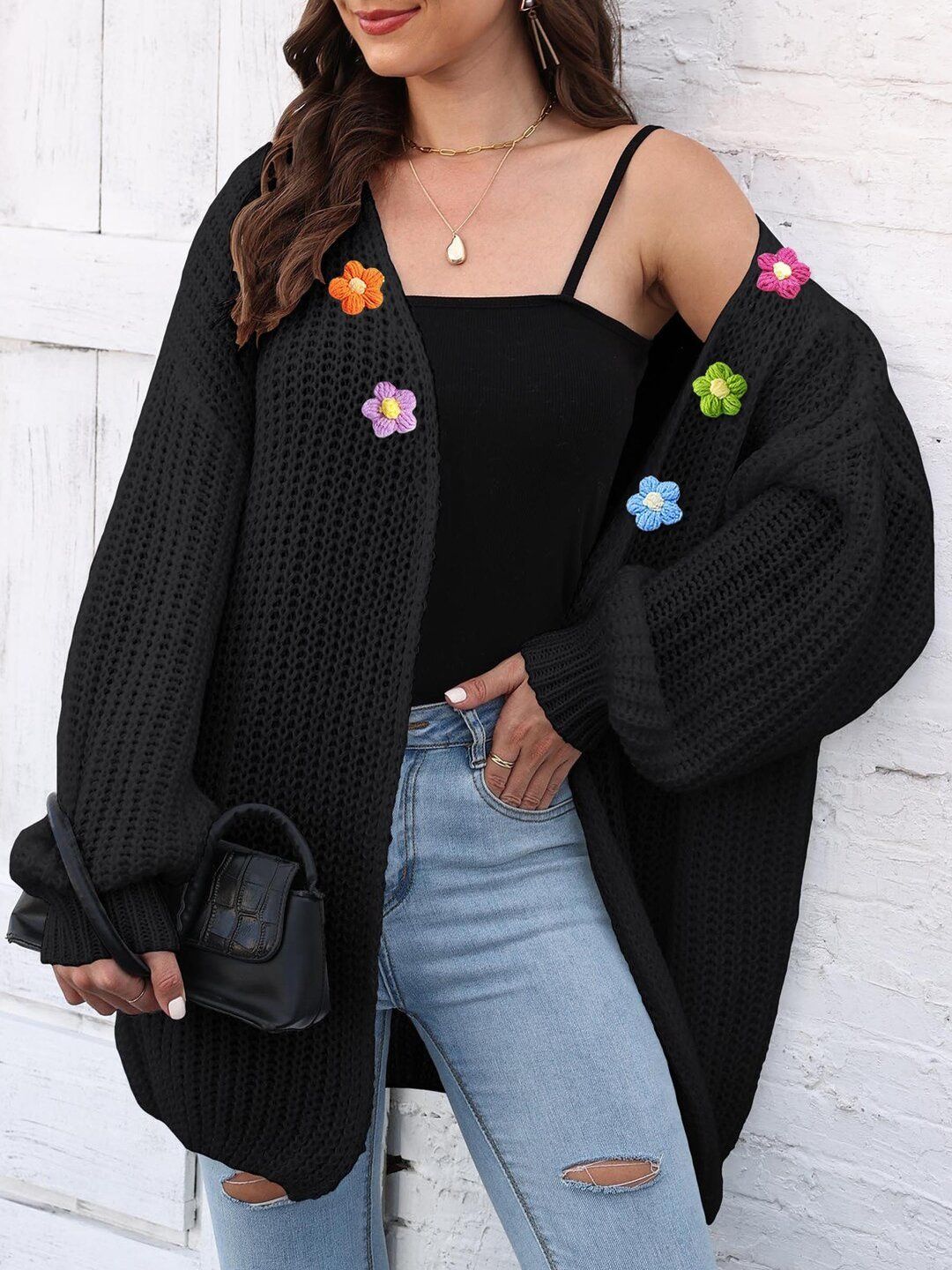 Women Colourblocked Ribbed Longline Cardigan with Embellished Detail